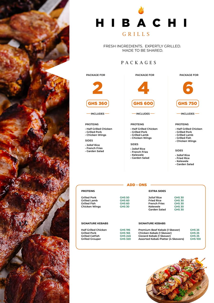 Enclave Bistro Hibachi Grills packages for 2, 4 and 6, add-ons and signature kebabs